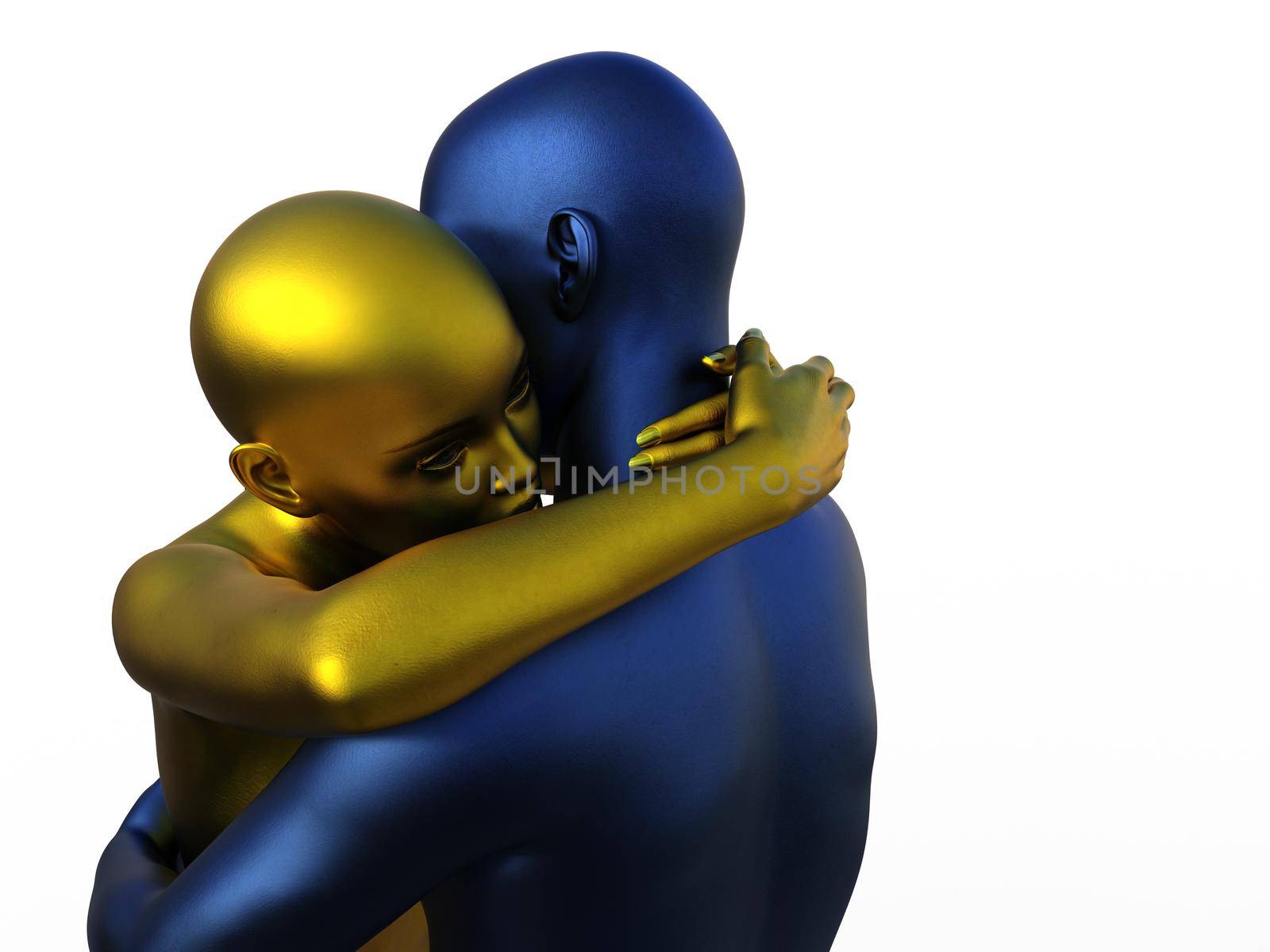 3D render portrait of golden woman and blue man hugging