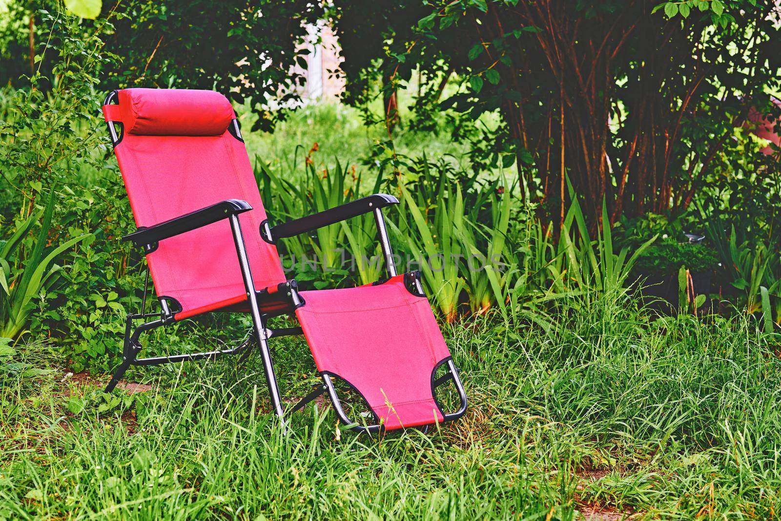 Red chaise lounge chair on summer green meadow by jovani68