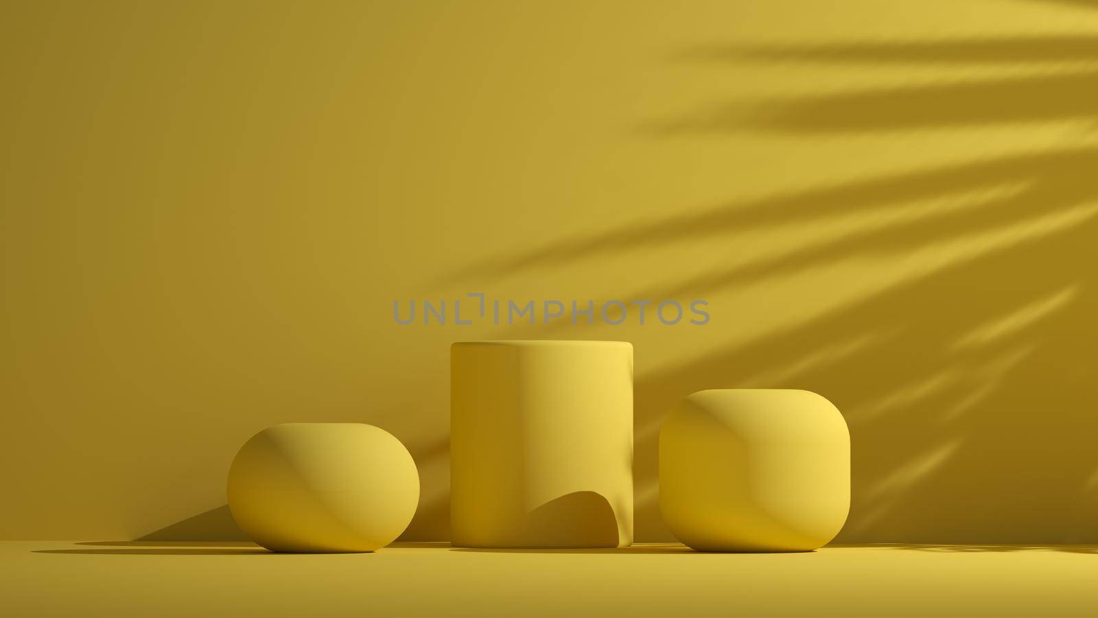 Modern yellow pedestals podium with empty room with sunlight shadow through leaves 3d rendering products display by crazymotions