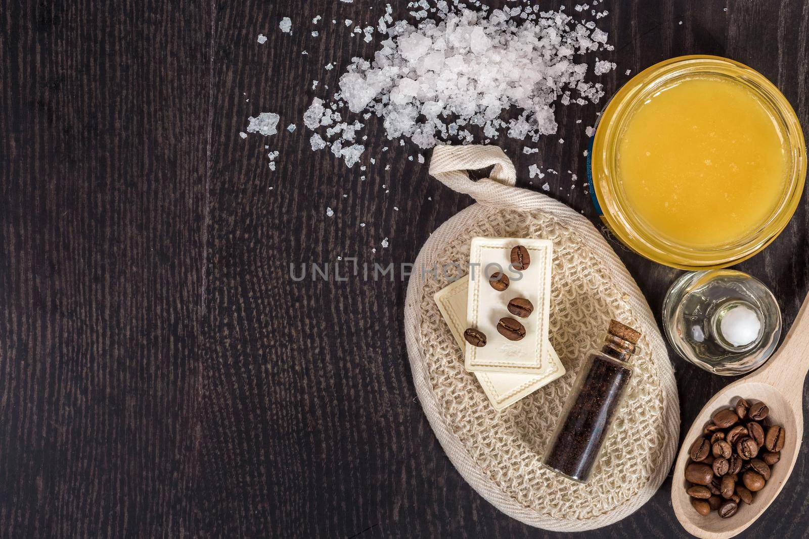 cosmetics for spa on dark background. top view. Still life