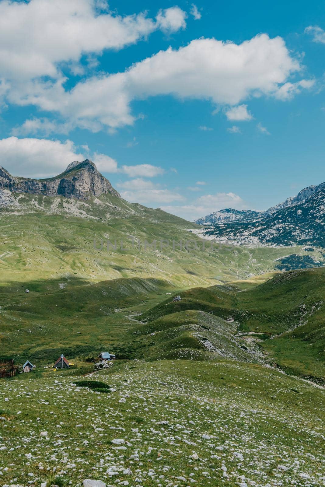 Mountain valley during sunrise. Natural summer landscape. Mountain peak green nature scenery. trail on green hill landscape