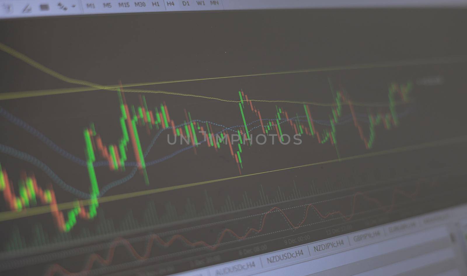 Cryptocurrency stock chart concept. Stock quotes. Online trading screen mock up. Candle stick graph chart with indicator showing bullish point or bearish point. Stock market or stock exchange trading.
