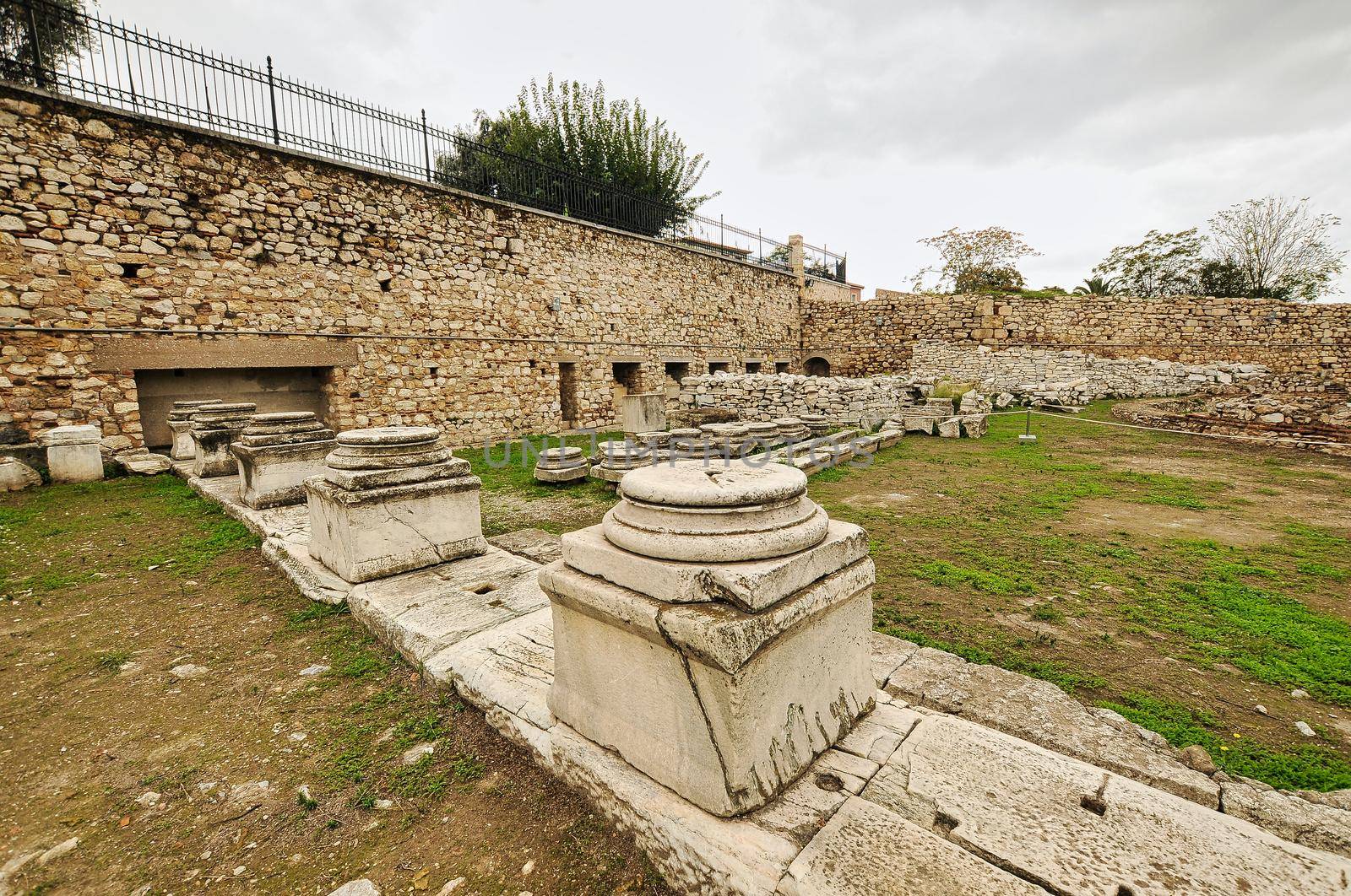 Remains of the Hadrian's Library in Monastiraki square in Athens, Greece.Ancient Greek history, popular monument with historical interest