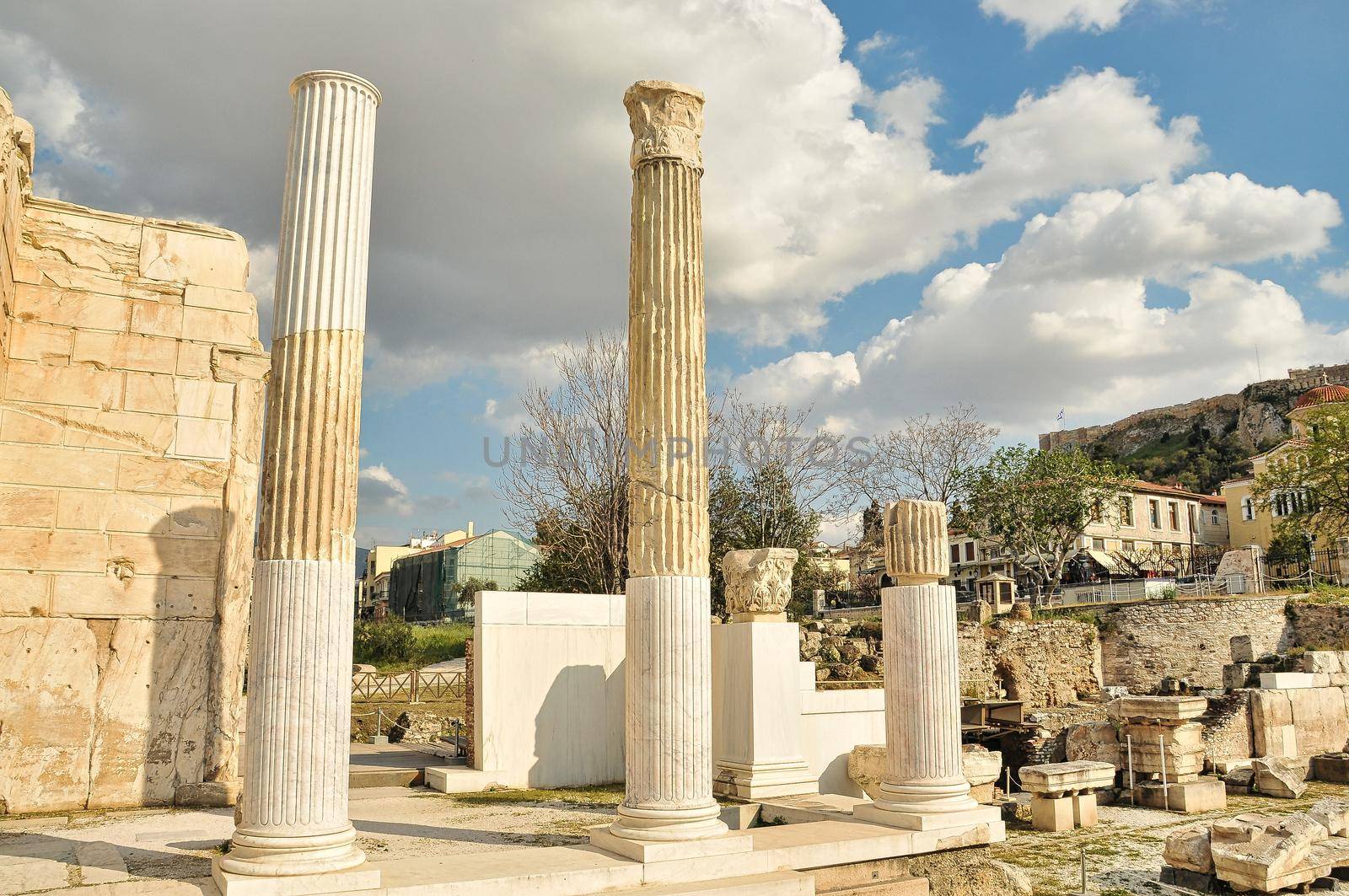 Remains of the Hadrian's Library in Monastiraki square in Athens, Greece.Ancient Greek history, popular monument with historical interest