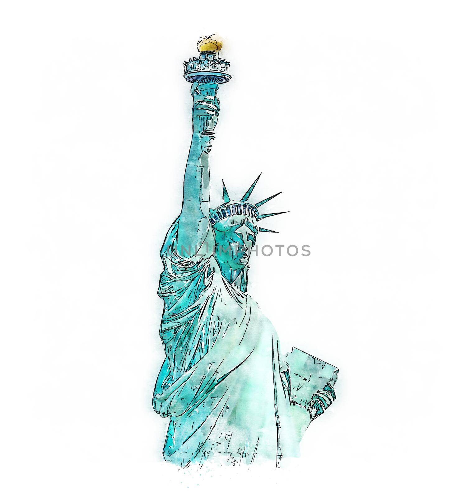 Watercolor painting illustration of the Statue of Liberty isolated on white background by Mariakray