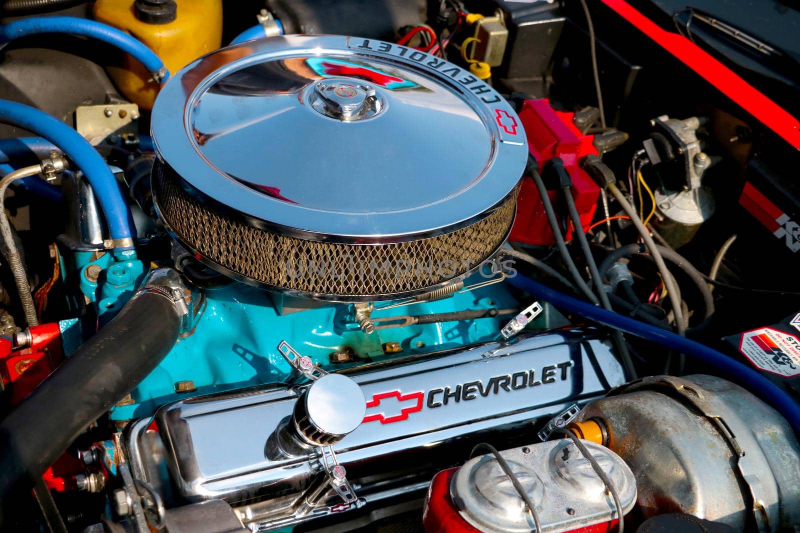 Wroclaw, Poland, August 22, 2021: engine compartment of a Chevrolet car