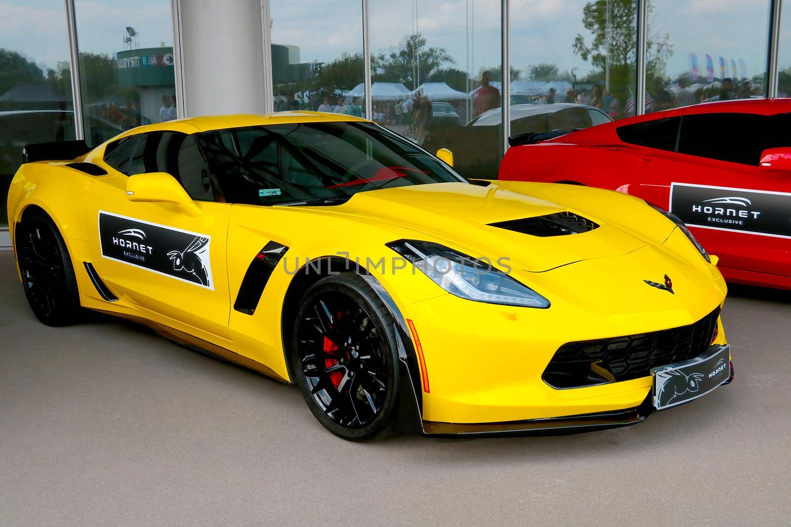 Wroclaw, Poland, August 22, 2021: beautiful yellow sports car Chevrolet Corvette. A two-wheel drive sports car manufactured under the Chevrolet brand by General Motors in the United States