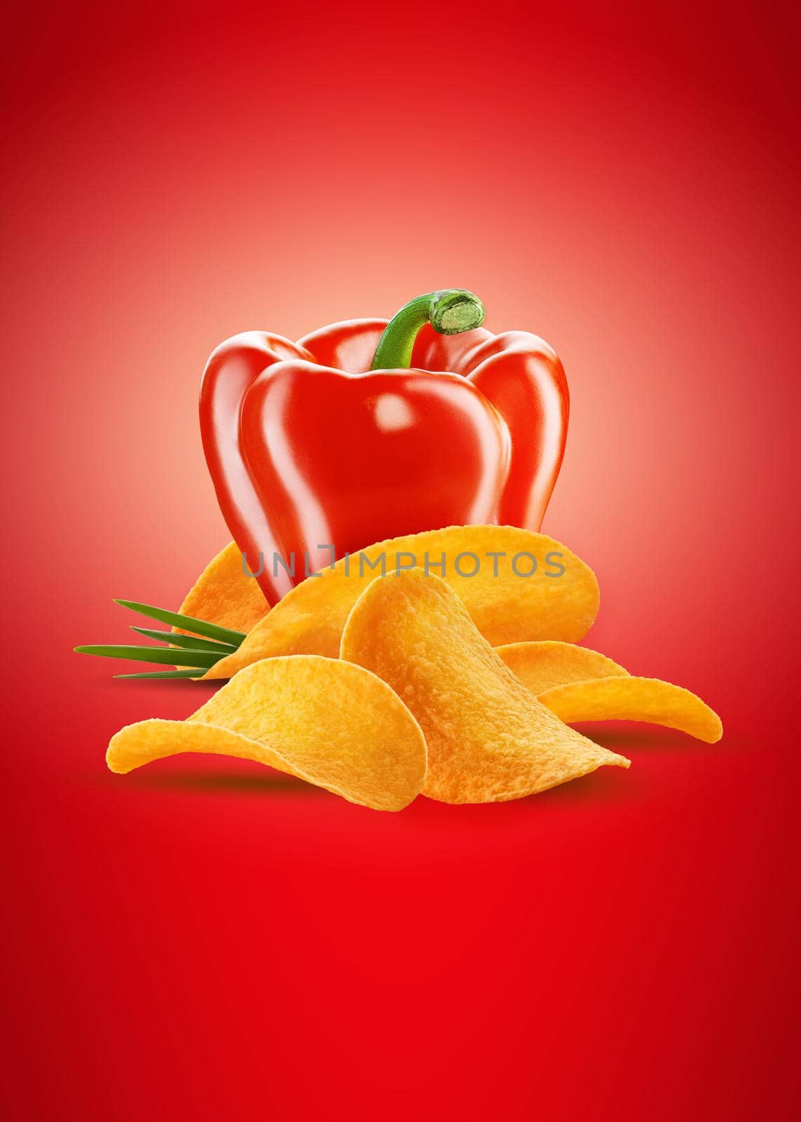 Red bell pepper or bulgarian pepper with chips or crisps and green onion on red background with copy space. Advertising. Close-up. by nazarovsergey