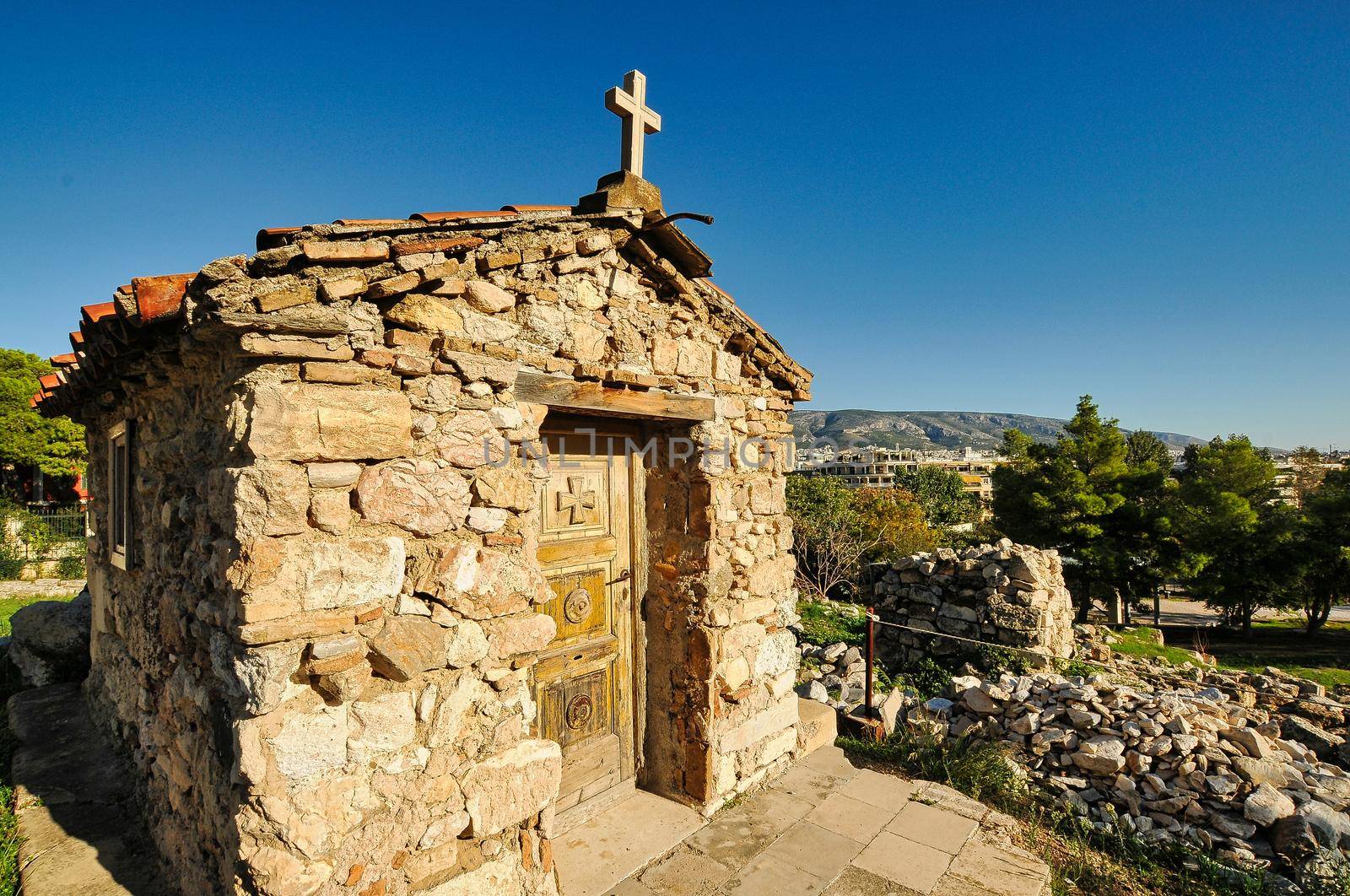 Small old church in the Theatre of Dionysus under Acropolis in Athens,Greece