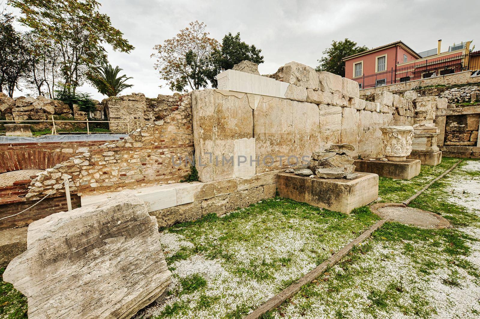 Remains of the Hadrian's Library in Monastiraki square in Athens, Greece.Ancient Greek history, popular monument with historical interest