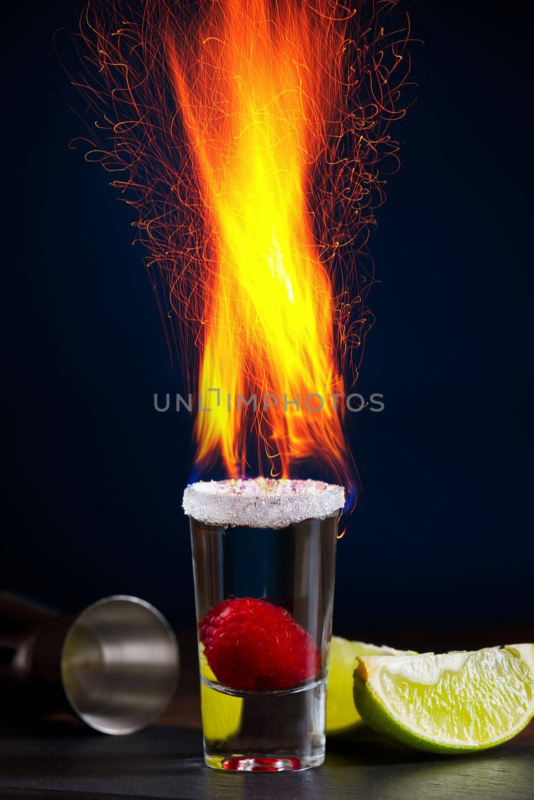 burning shot. shot and fire on a dark background. burning cocktail.