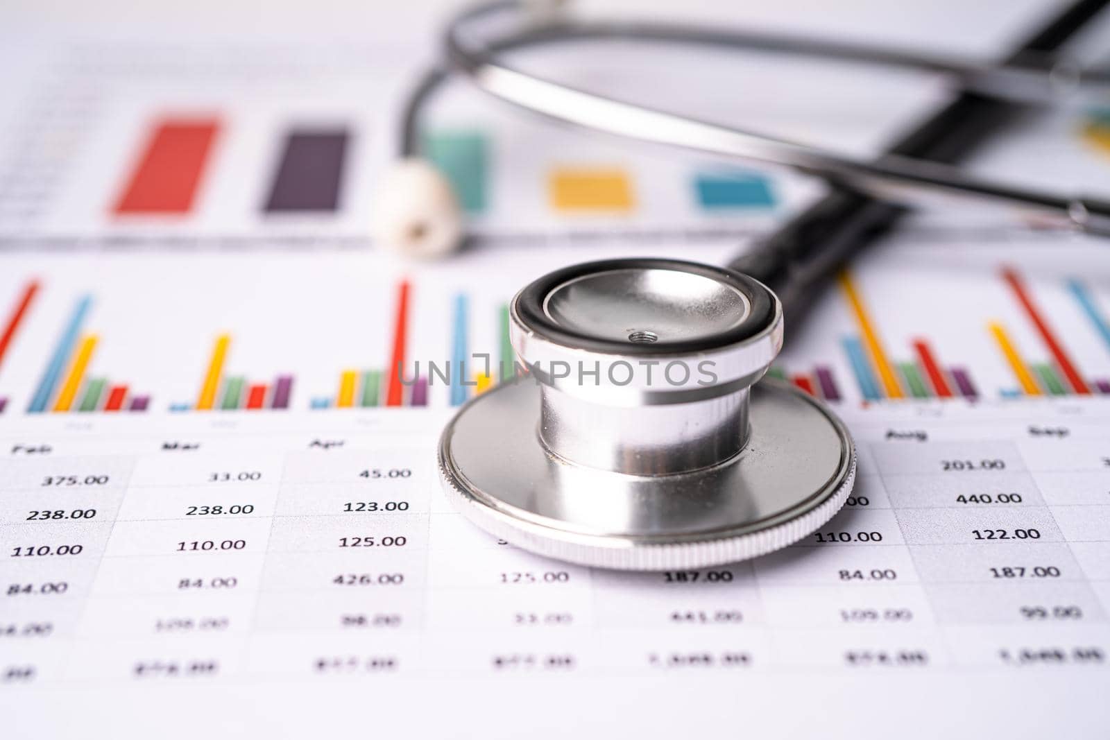 Stethoscope on chart graph paper, finance, account, statistic, analytic economy Business concept.