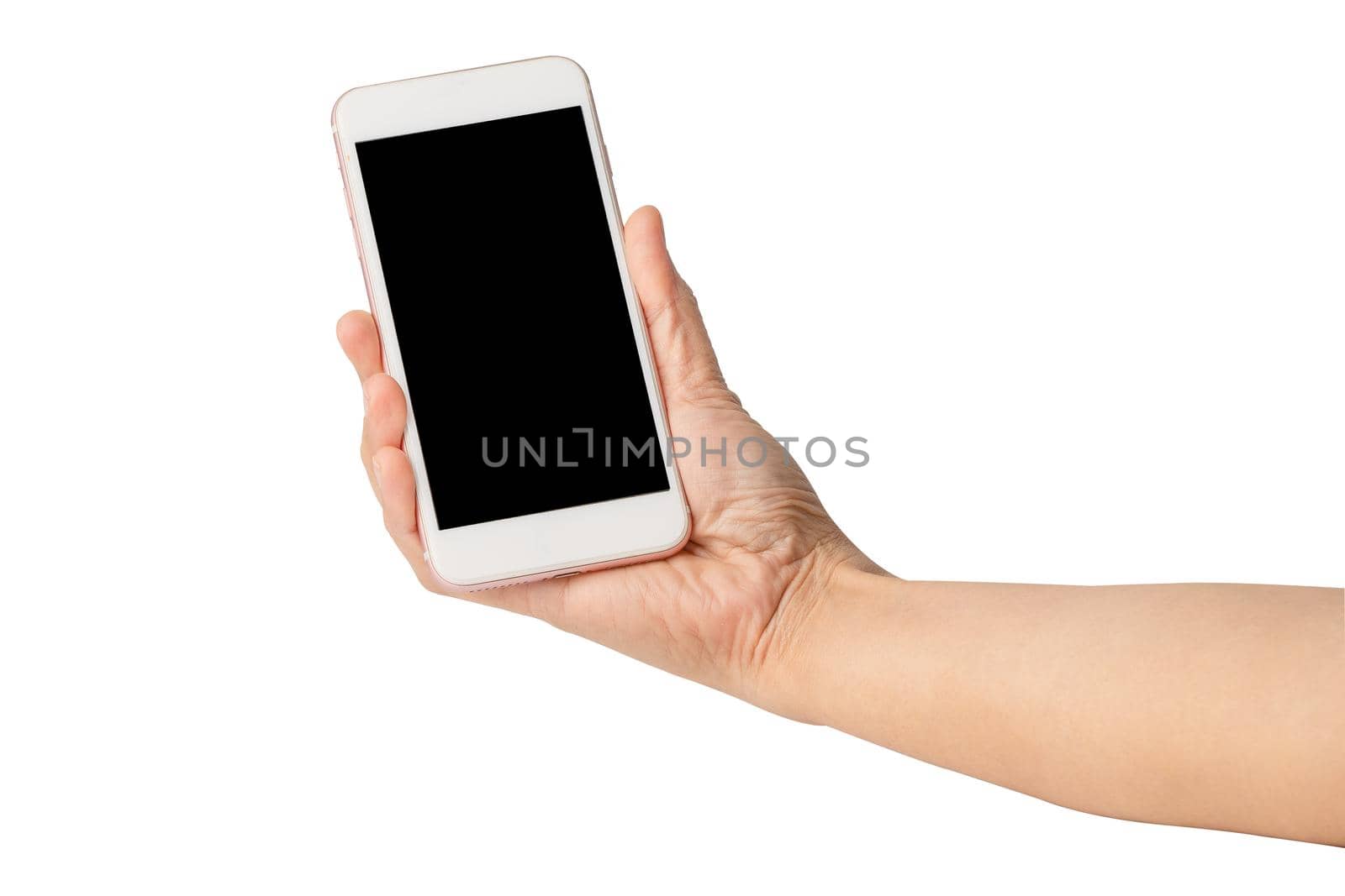 Holding mobile phone to communication isolated on white background.