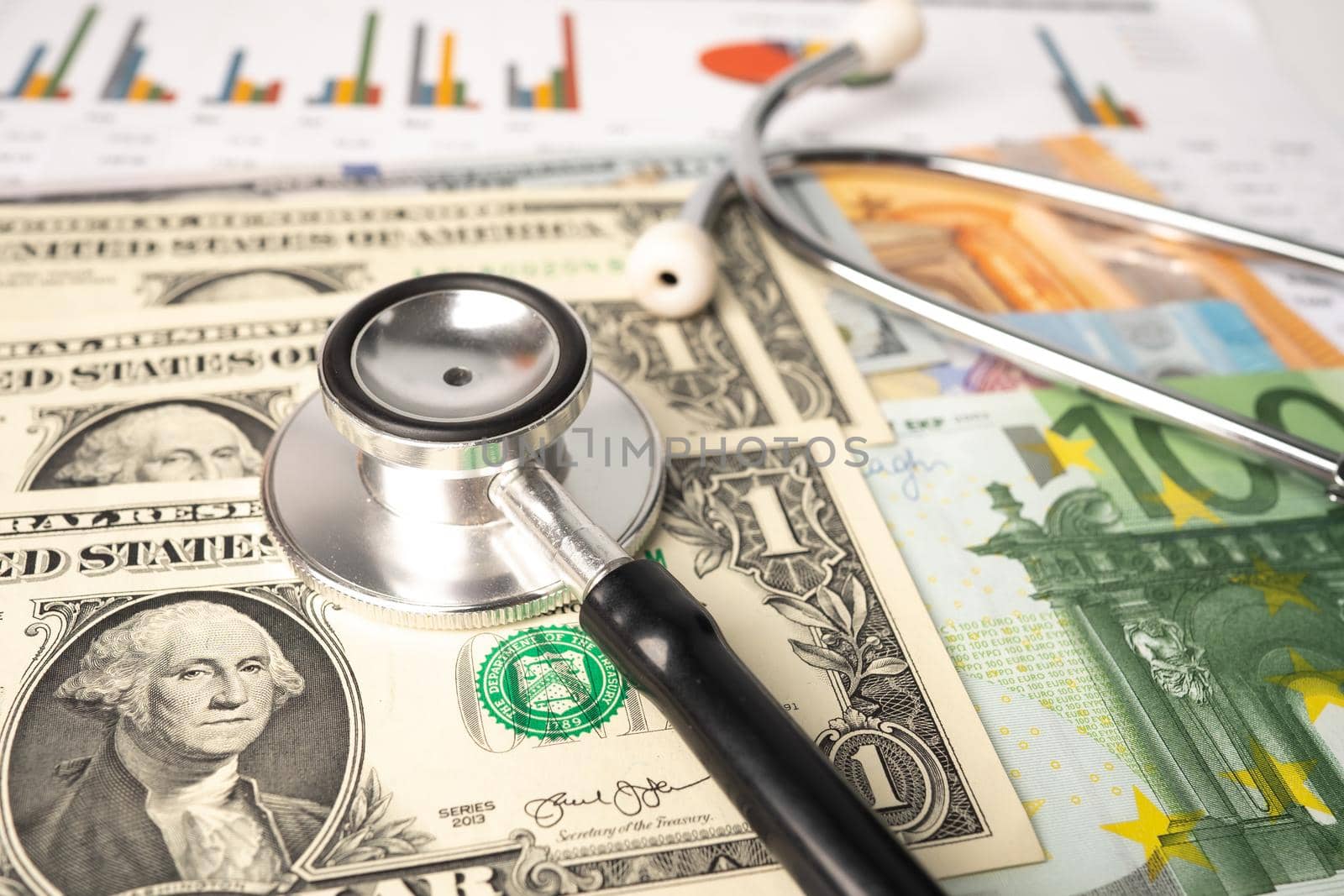 Stethoscope and US dollar and Euro banknotes on chart or graph paper, Financial, account, statistics and business data medical health concept.