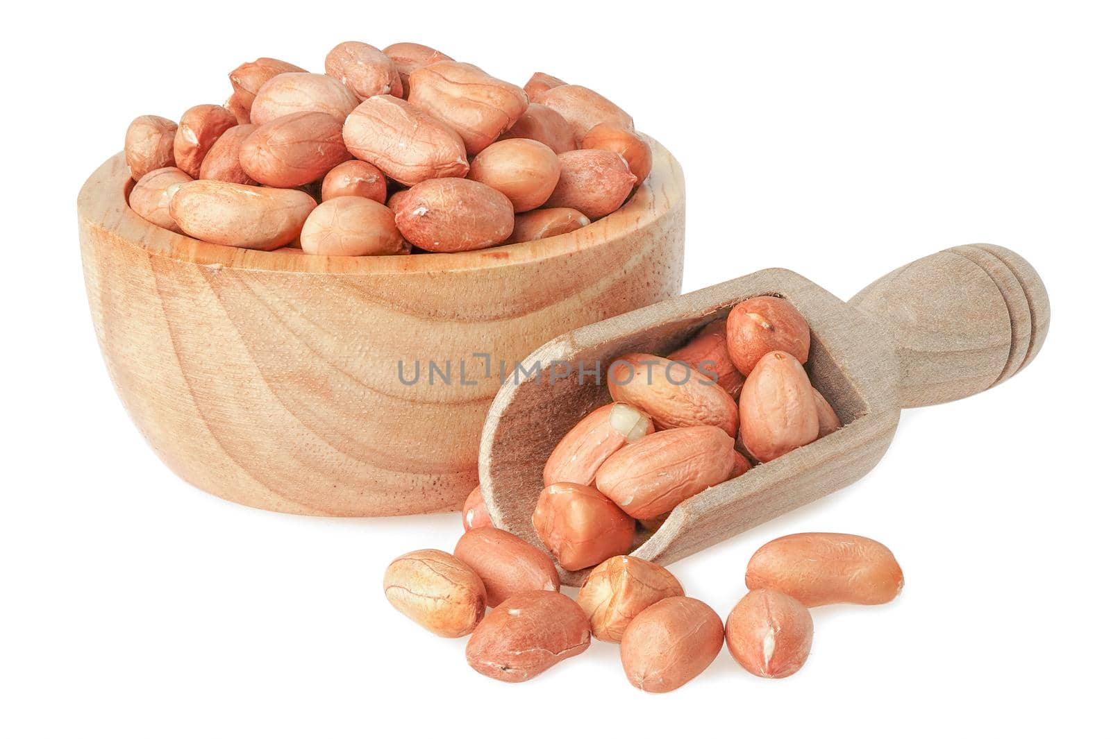 Peanuts in wooden blow natural grain seeds isolated on white background with clipping path. by pamai