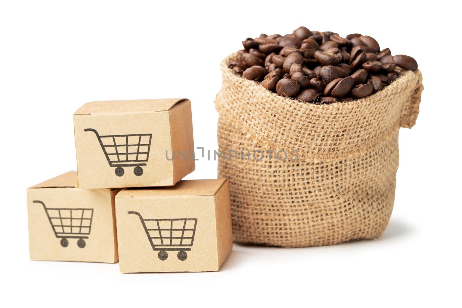 Box with shopping cart logo symbol with coffee beans on sack, Import Export Shopping online or eCommerce delivery service store product shipping, trade, supplier concept.