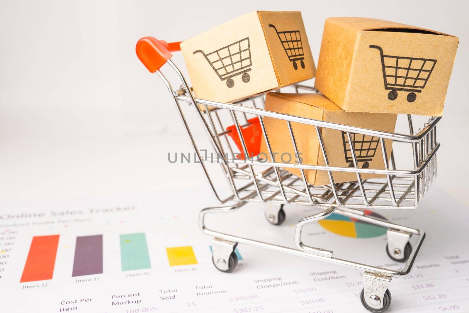 Shopping cart logo on box on graph background. Banking Account, Investment Analytic research data economy, trading, Business import export transportation online company concept.