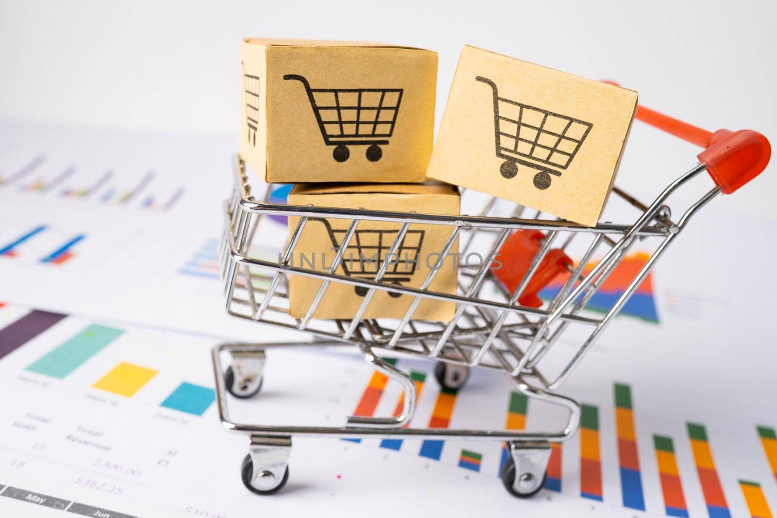 Shopping cart logo with box on graph background. Banking Account, Investment Analytic research data economy, trading, Business import export transportation online company concept.