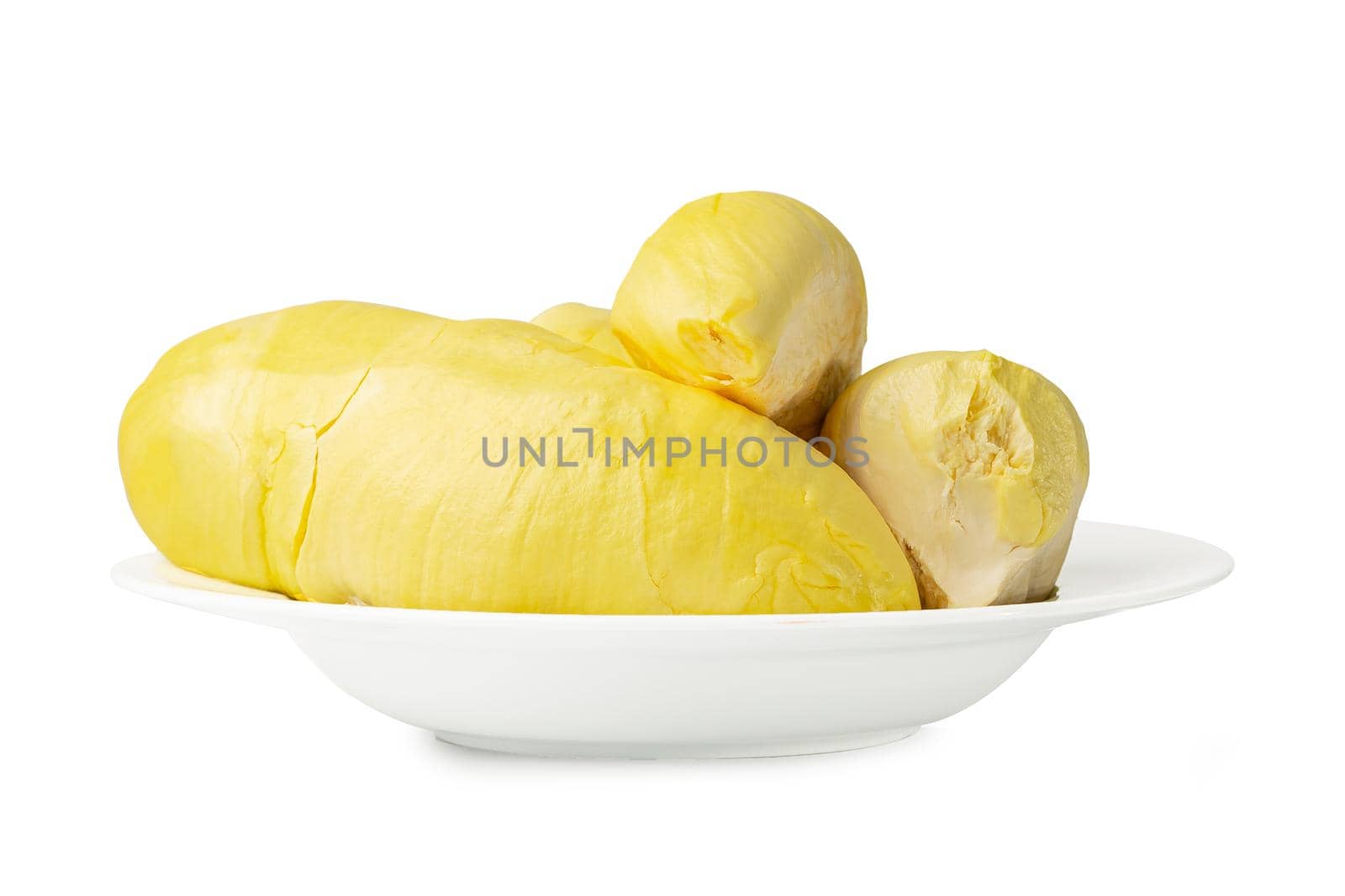 Durian fresh on dish isolated on white background with clipping path.