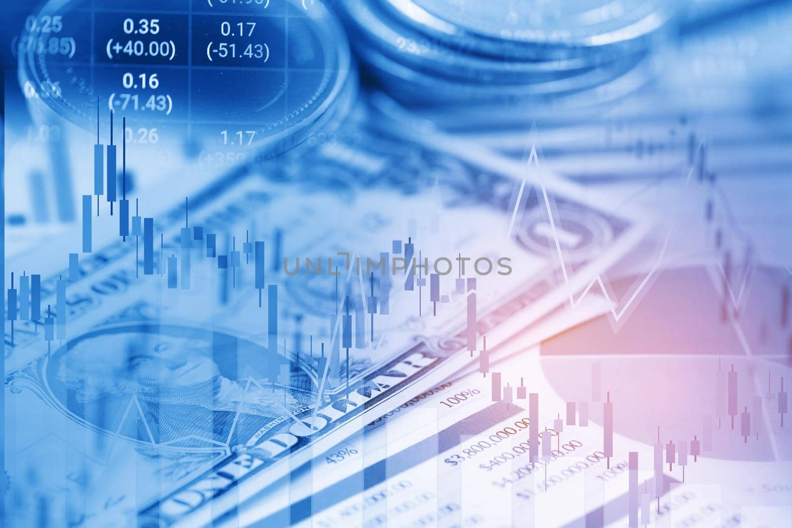 Stock market investment trading financial, coin and graph chart or Forex for analyze profit finance business trend data background.