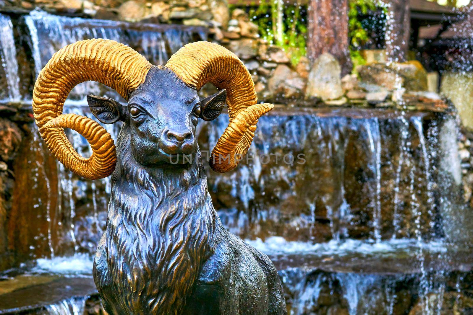 Mountain stone ram goat with branched golden horns on a water rock background by jovani68