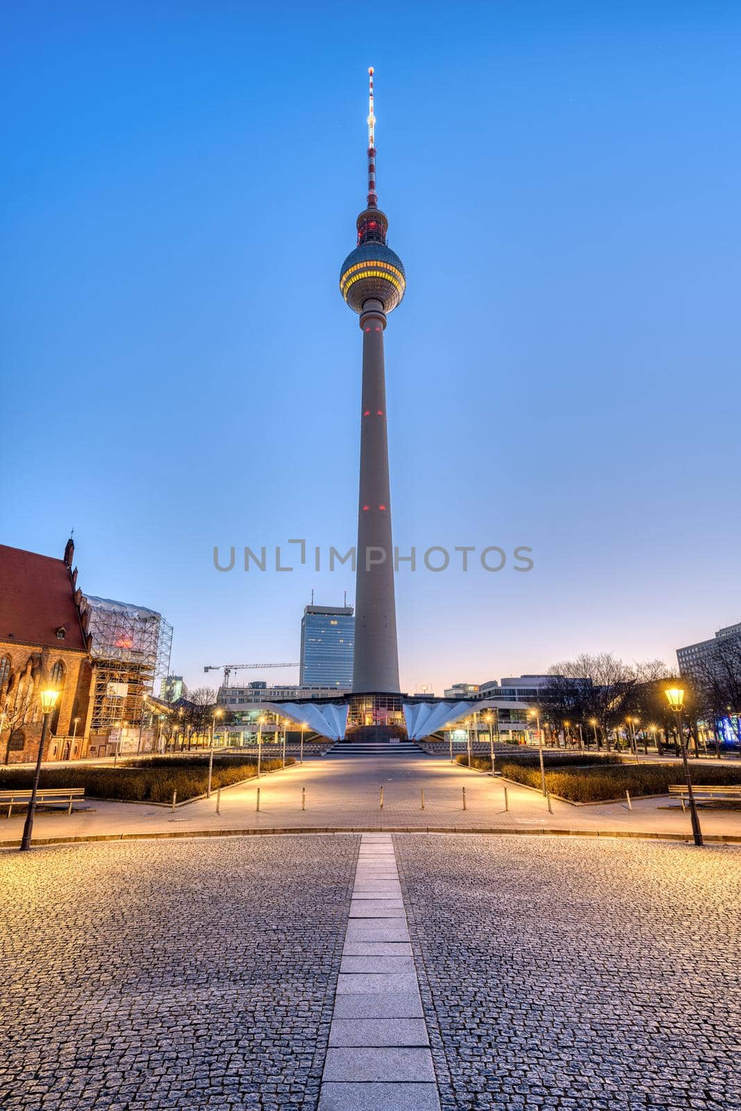 The Alexanderplatz with the famous TV Tower in Berlin with no people at dawn