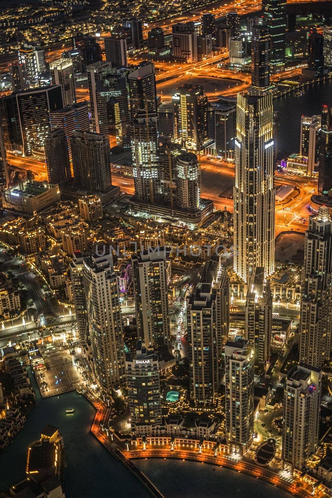 Night view of Dubai seen from the observation deck of Burj Huji. Shooting Location: Dubai
