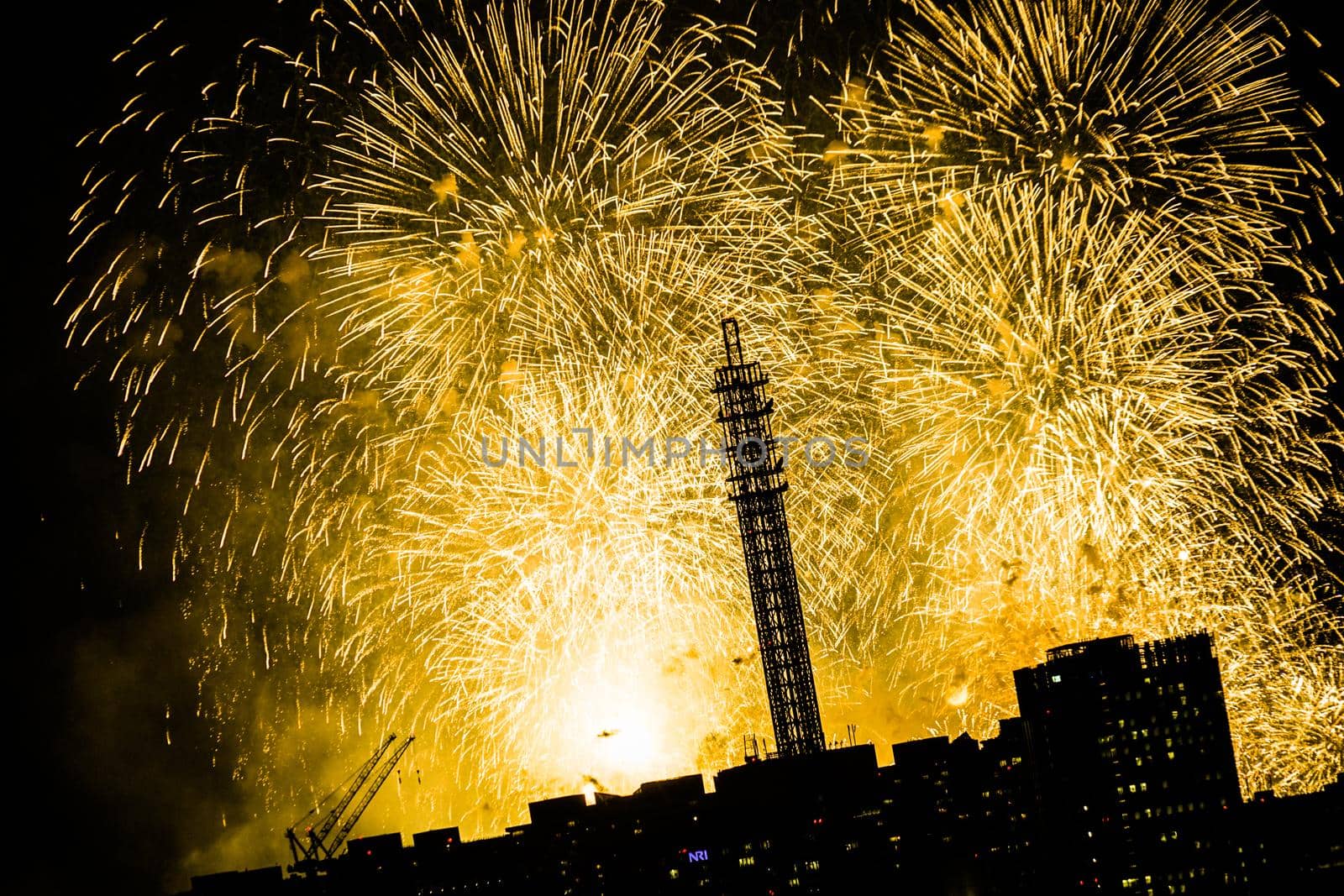 Yokohama cityscape and fireworks (Minato Mirai Smart Festival). Shooting Location: Yokohama-city kanagawa prefecture