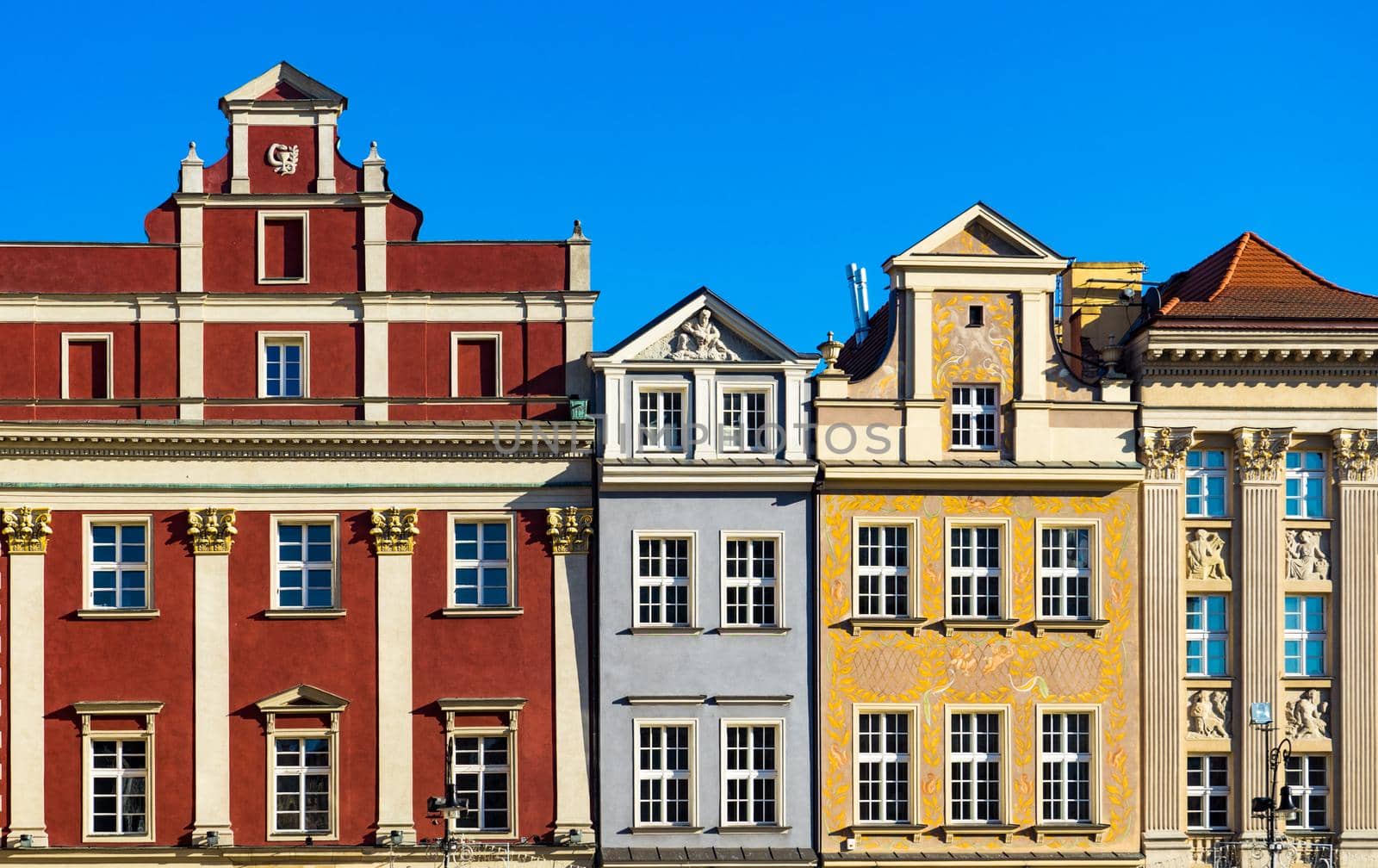 colorful houses in Europe. Old buildings of stone houses decorated in multicolored colors. Color buildings in Poznan, Poland.
