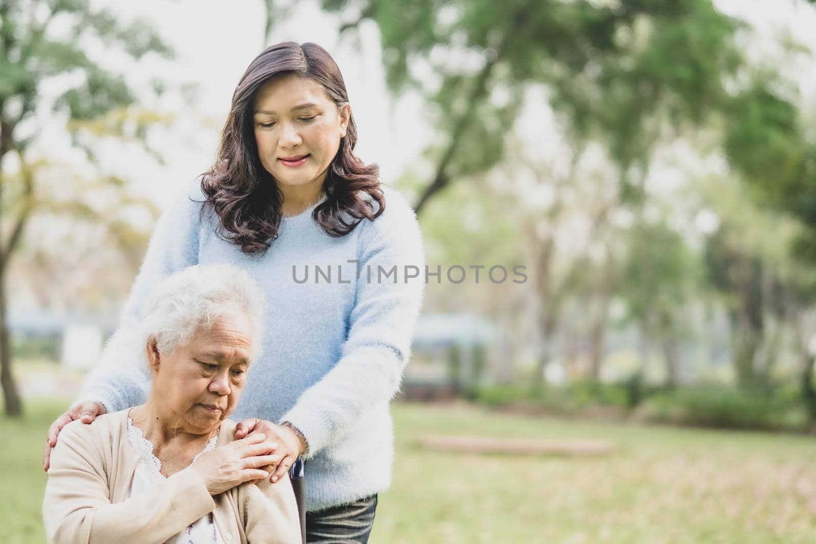 Touching Asian senior or elderly old lady woman patient on wheelchair with love, care, encourage and empathy in park : healthy strong medical concept