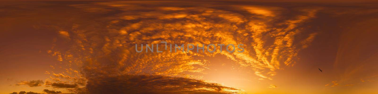 Dramatic sunset sky panorama with Cirrus clouds. Seamless hdr 360 pano in spherical equirectangular format. Complete zenith for 3D visualization, game and sky replacement for aerial drone panoramas by Matiunina