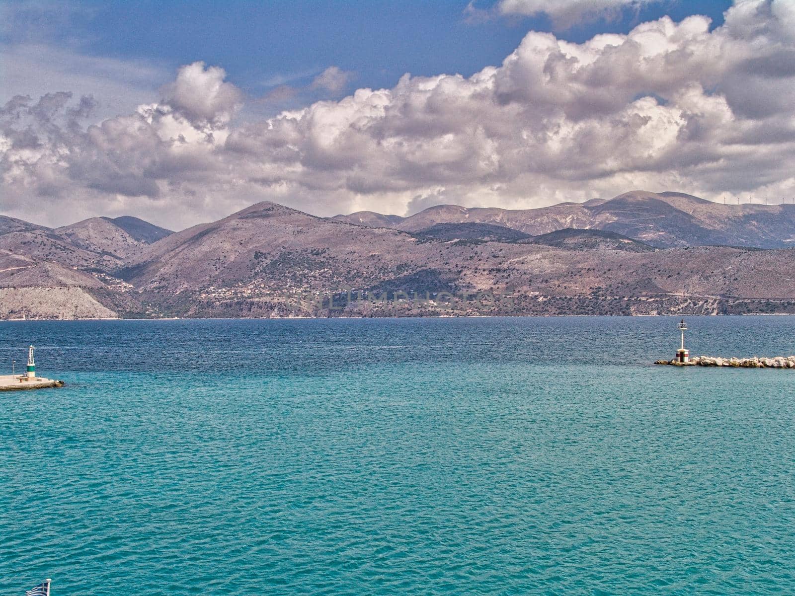 Panoramic morning view of Lixouri port. Splendid spring seascape of Ionian Sea. Sunny outdoor scene of Kefalonia island. Traveling concept background. Traveling concept background.