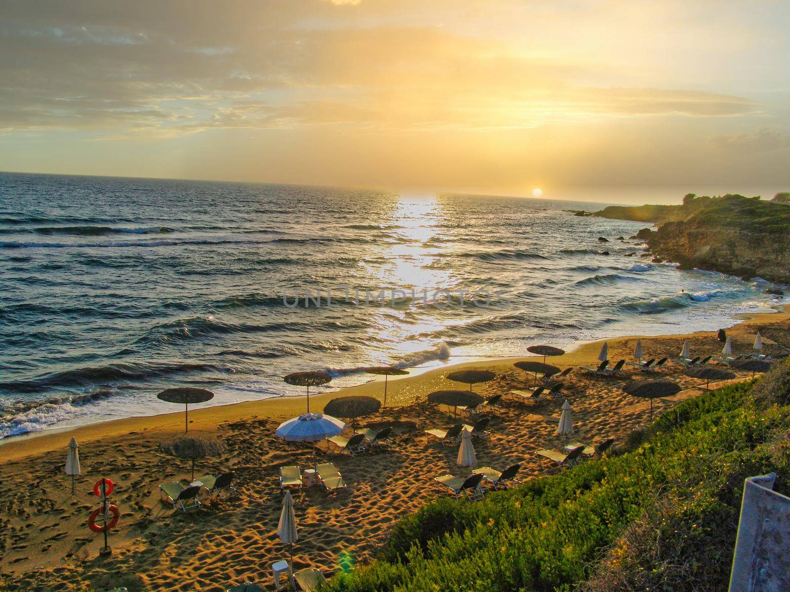 Beautiful colorful sunset at famous beach on Kefalonia Island. Ionian sea, Greece.