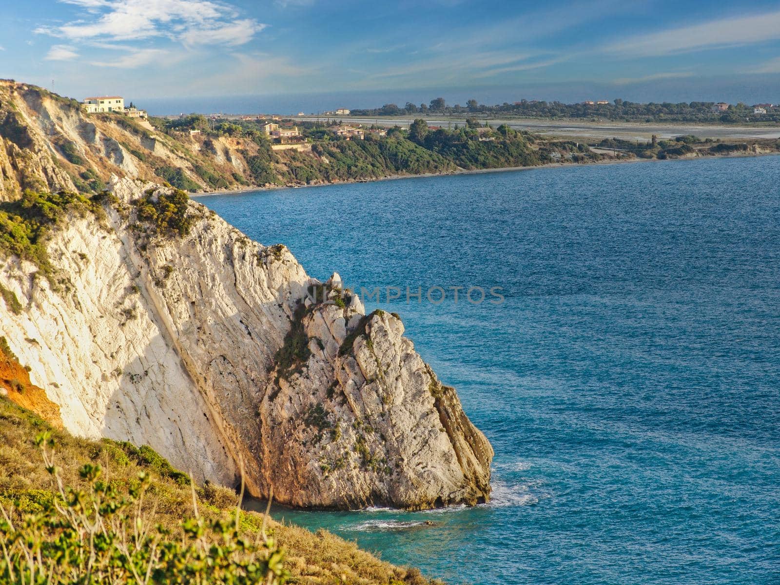 View of beautiful beach with rock cliffs on Kefalonia island, Greece..