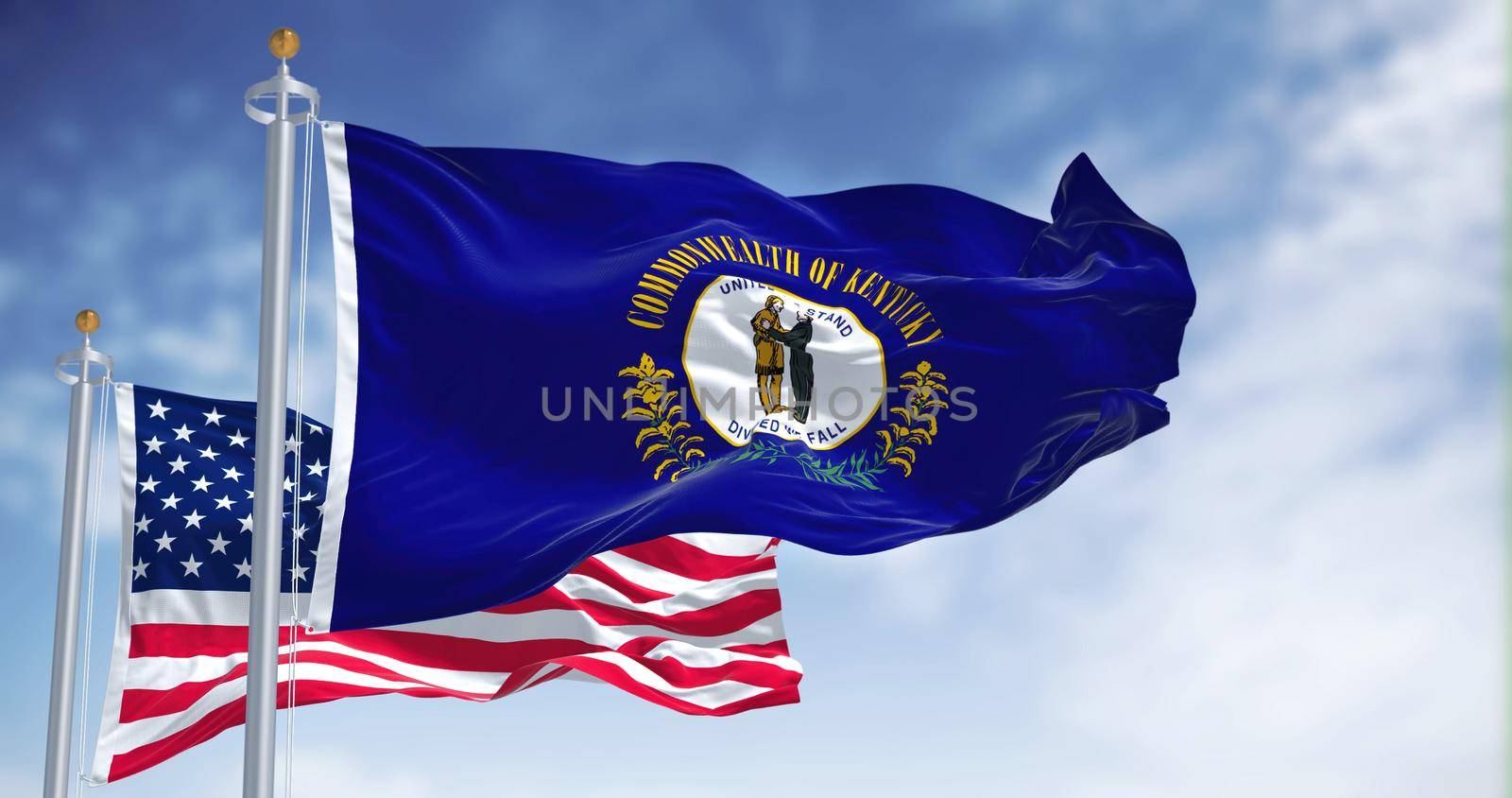 The Kentucky state flag waving along with the national flag of the United States of America by rarrarorro