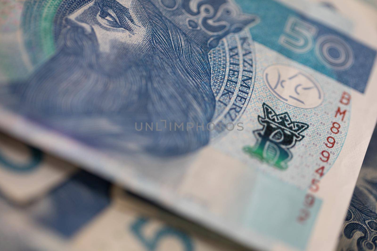 A thick bundle of paper money compressed with a red rubber band. Polish national paper cash.