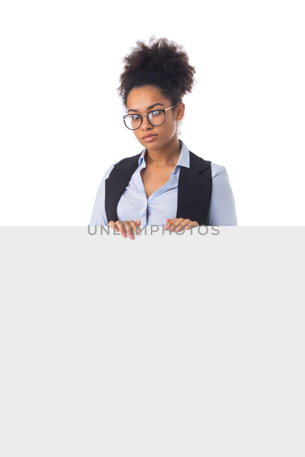 Businesswoman showing white banner by ALotOfPeople