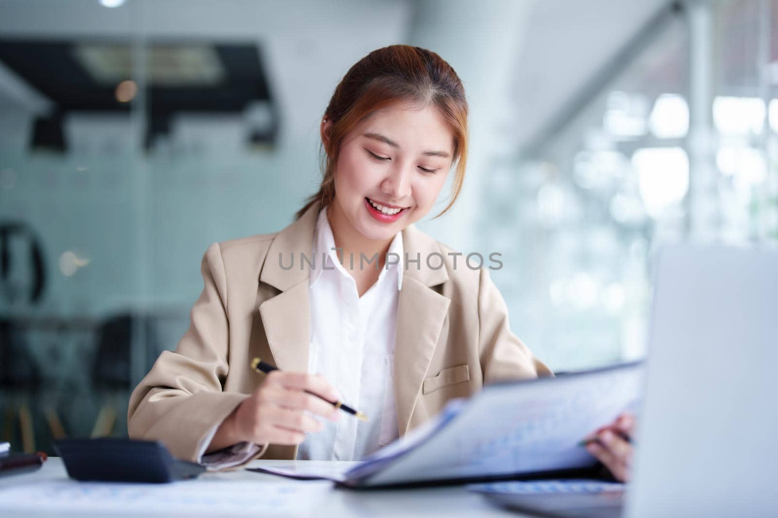 data analysis, plan, marketing, accounting, audit, Portrait of asian business woman planning marketing using statistical data sheet and computer to present marketing plan project at meeting