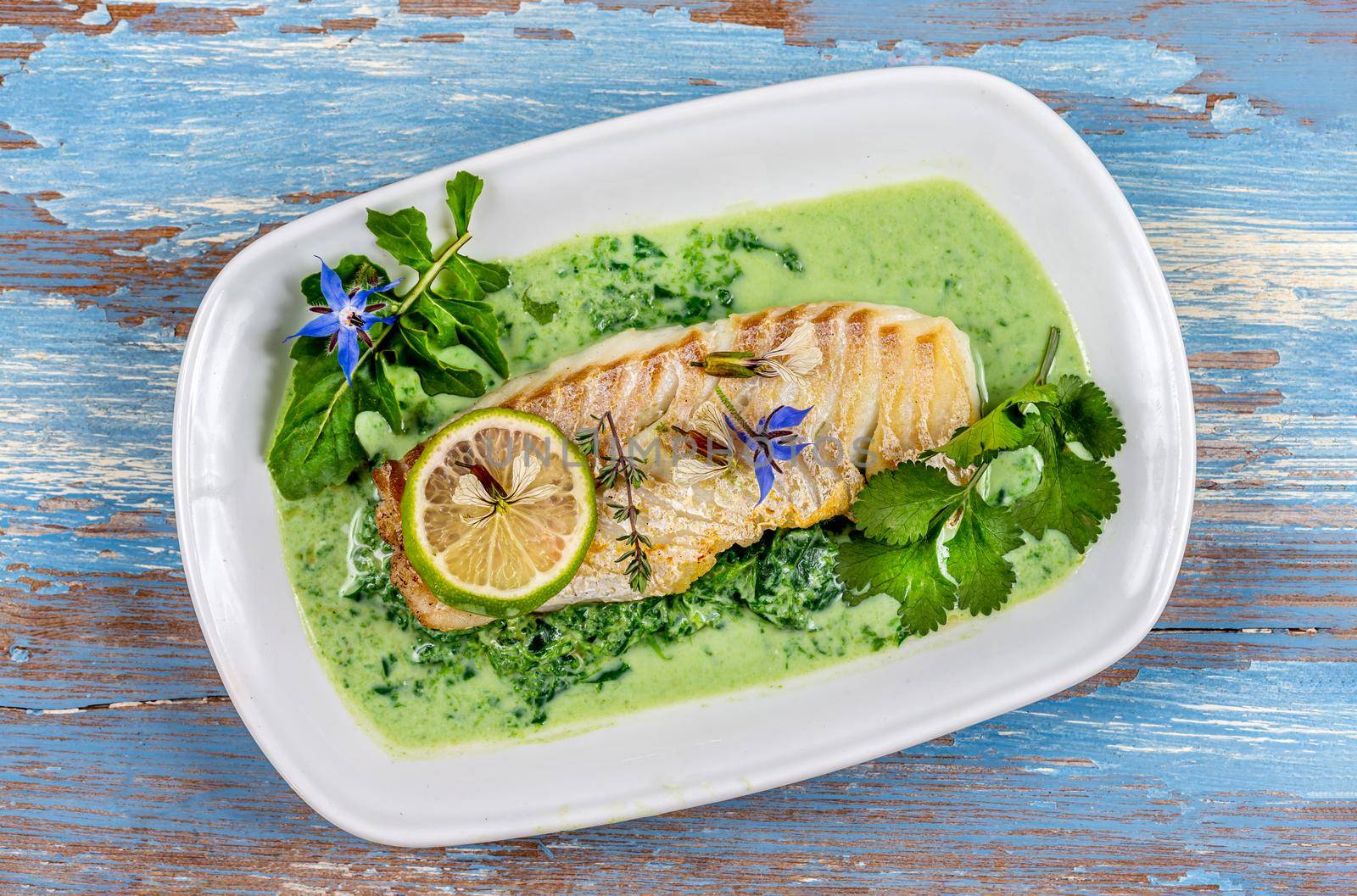 Close-up of grilled cod back on sorrel sauce, by JPC-PROD