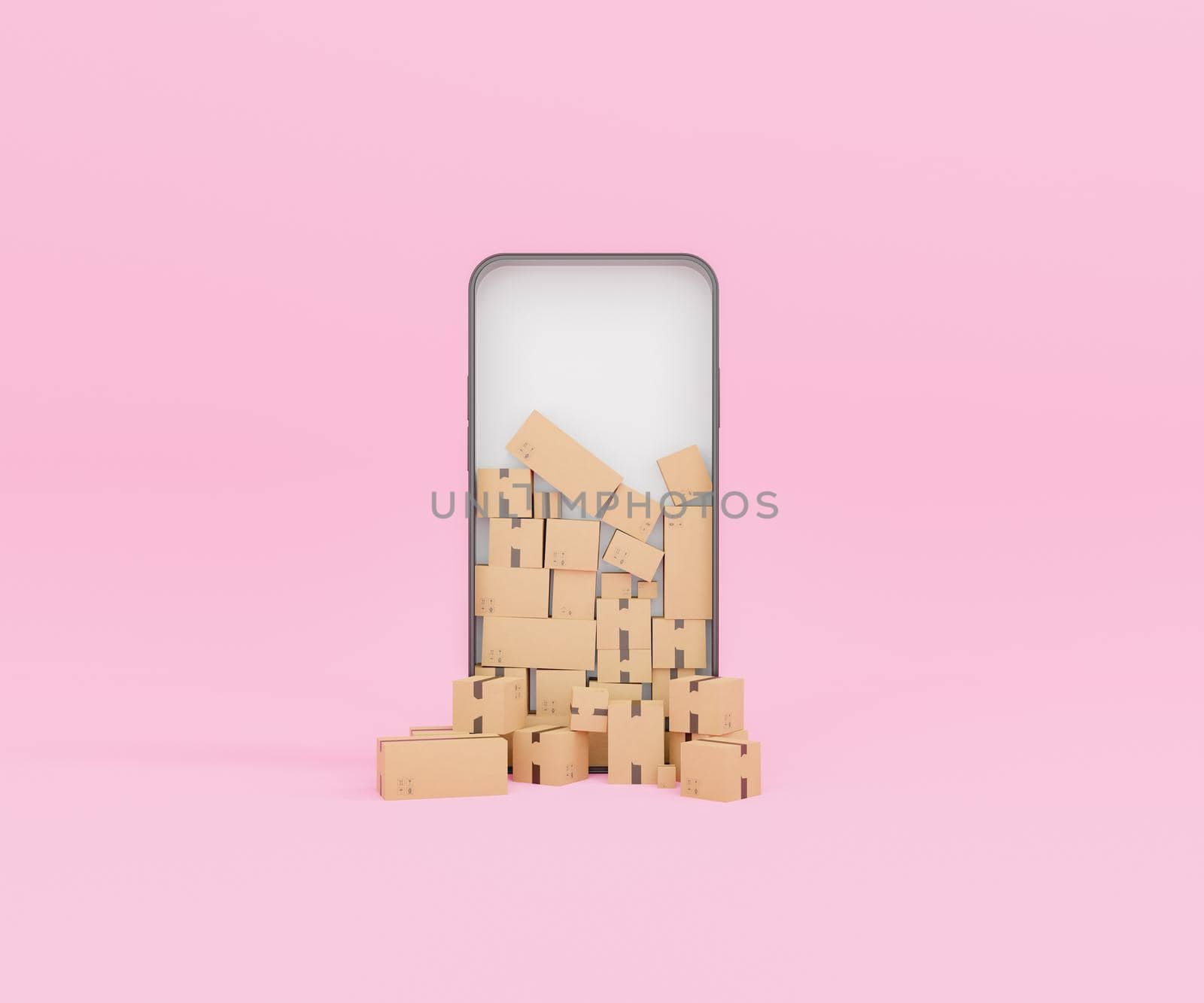 Cellphone frame with stack of cardboard boxes with different shapes representing phone data storage placed on pink background in light studio. 3d rendering