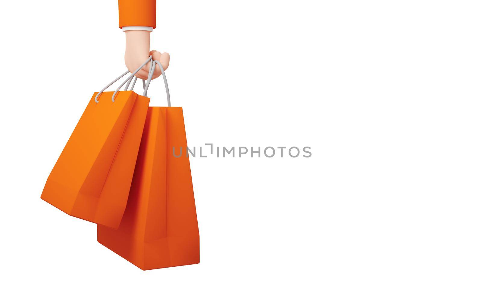 Hand holding orange shopping bags isolated on white background with copy space 3D render
