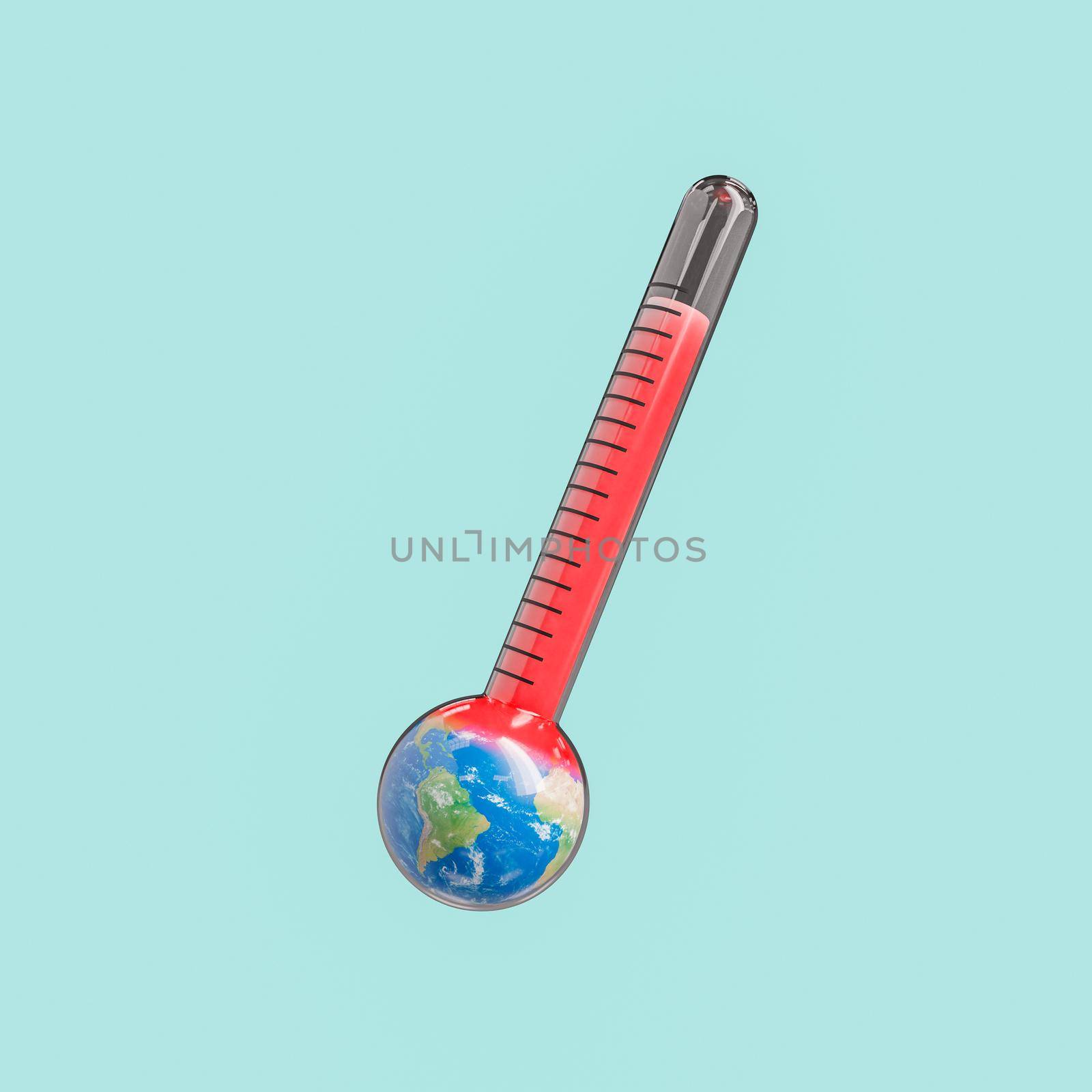 Glass thermometer with red hot maximum temperature on round planet Earth representing global warming problem against light background in studio. 3d rendering