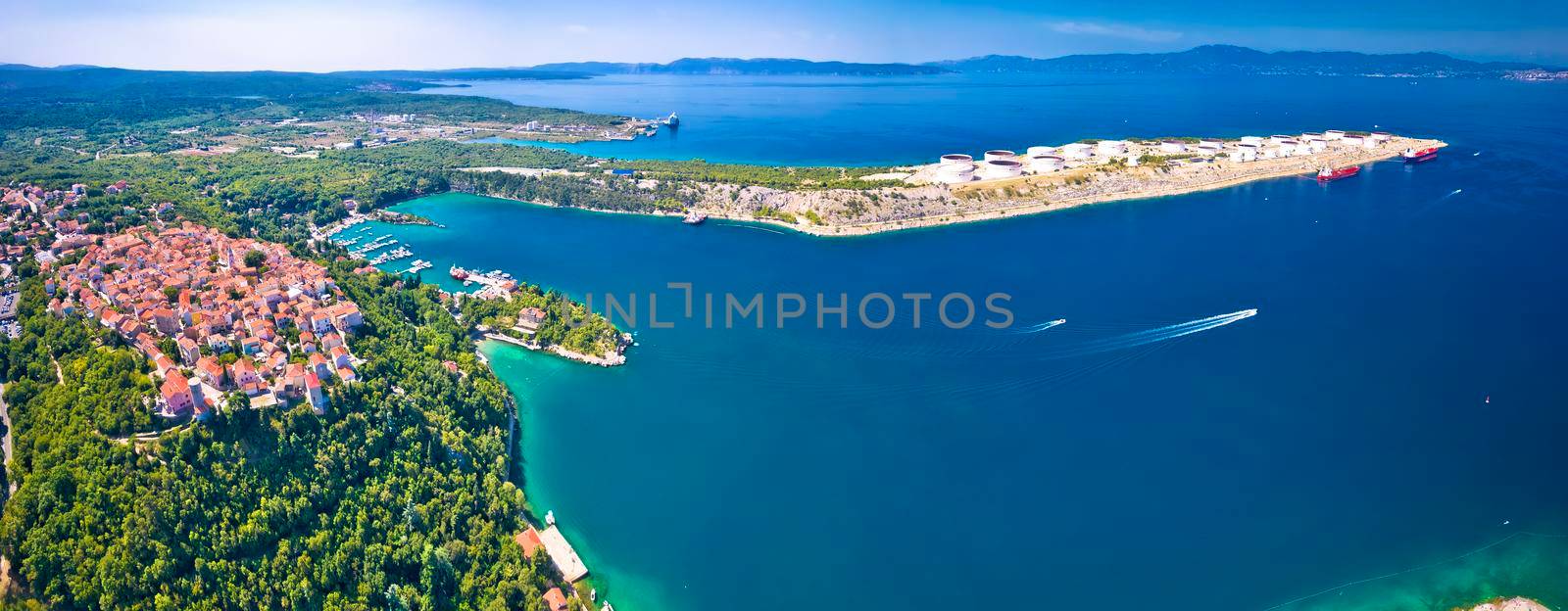 Town of Omisalj and LNG terminal aerial panoramic view by xbrchx