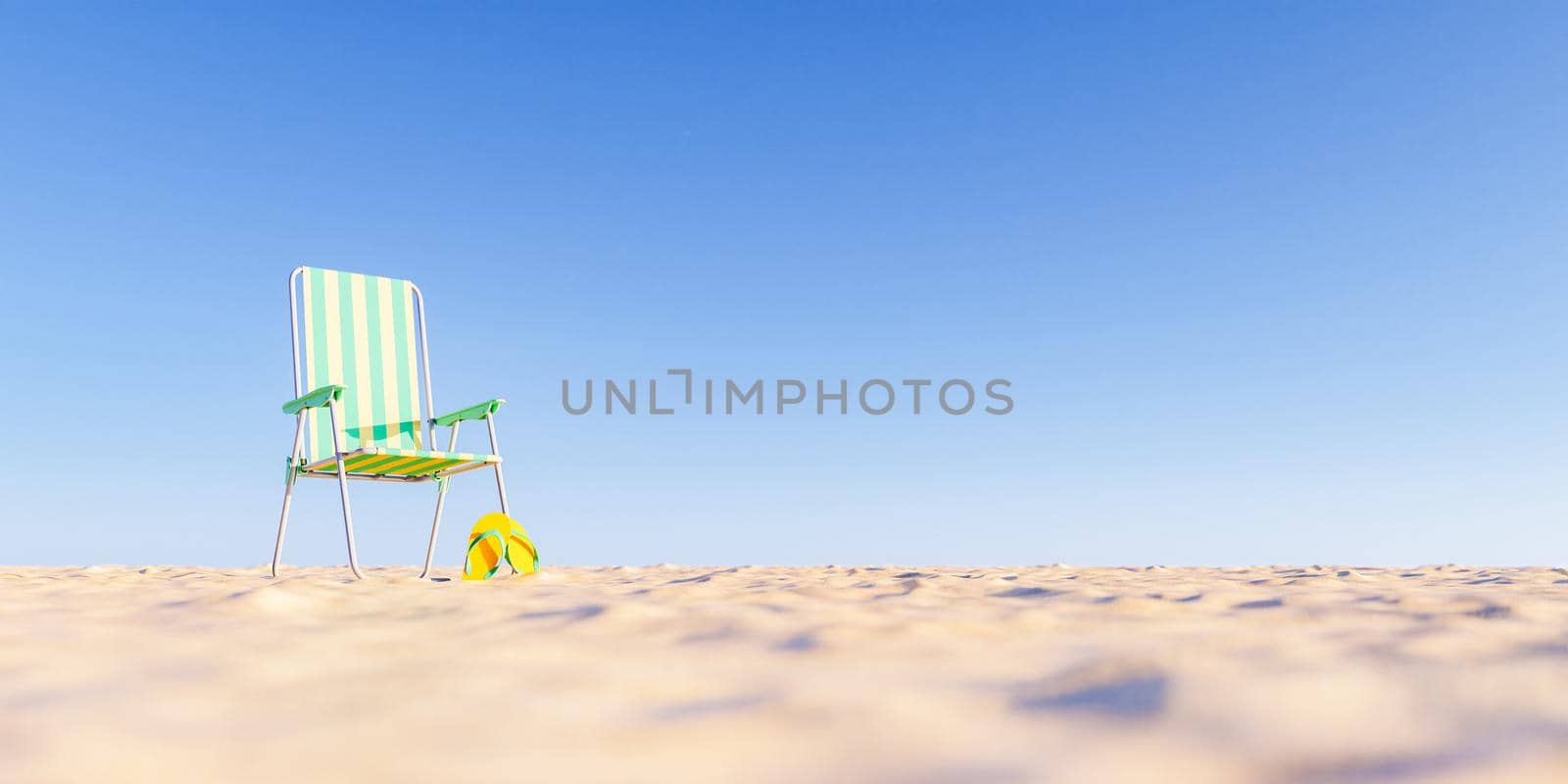 Ground level of portable beach chair with colorful stripes placed on sandy shore with flip flops against cloudless blue sky. 3d rendering
