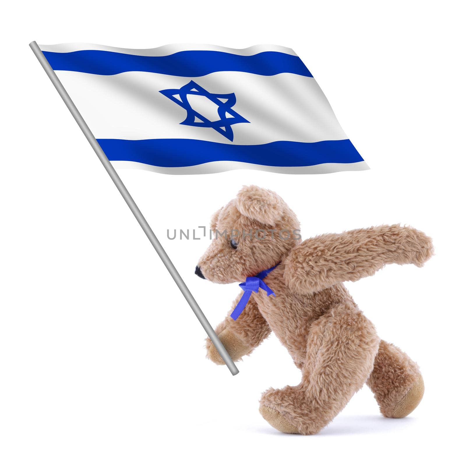 An Israel flag being carried by a cute teddy bear