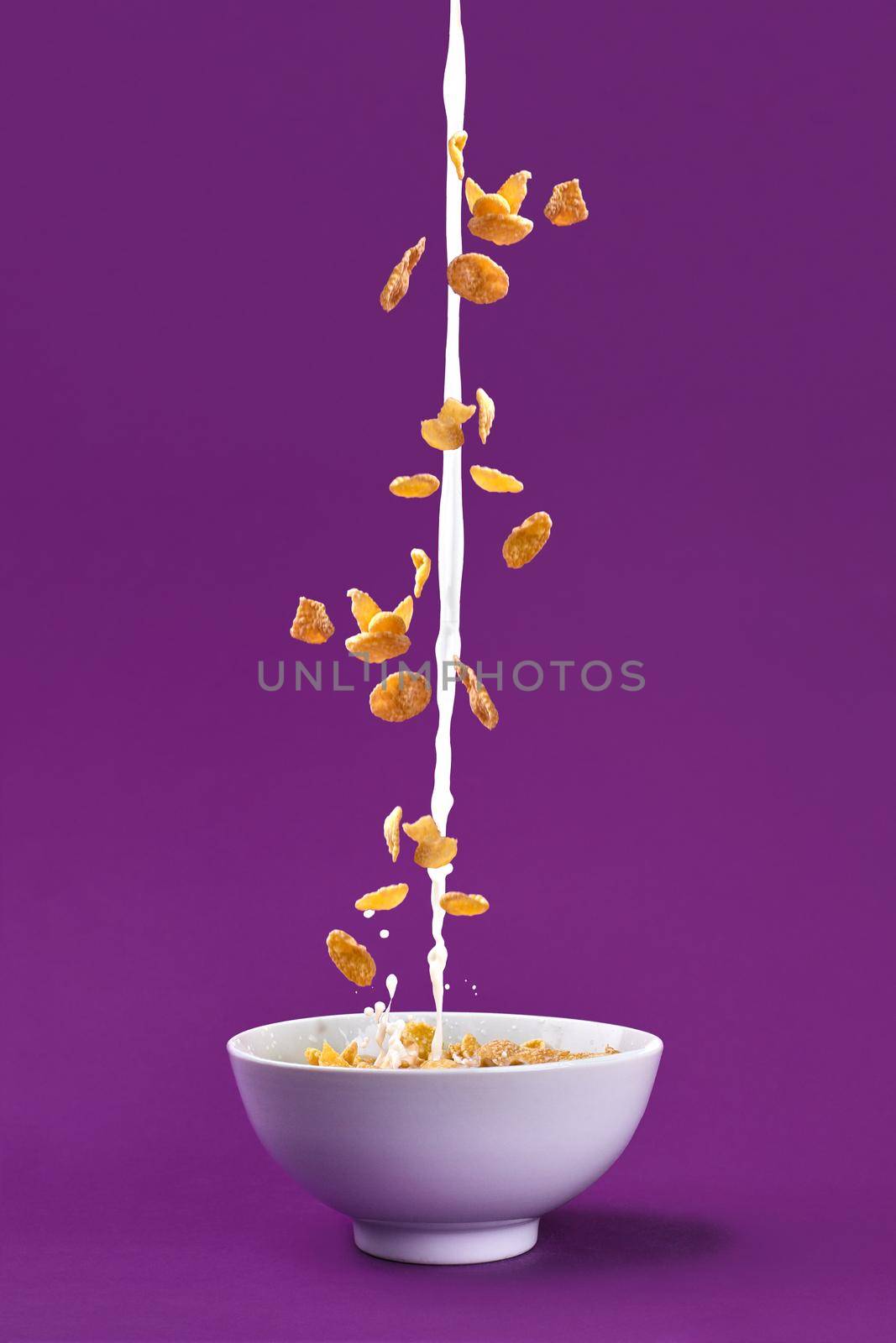 Falling granola with milk splash in bowl. Healthy breakfast ingredients. Flying food on purple background. Still life. Copy space