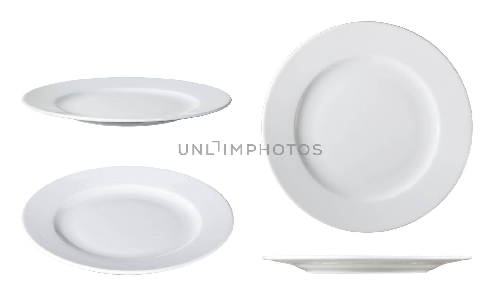white dinner plates on white background with clipping path different angles