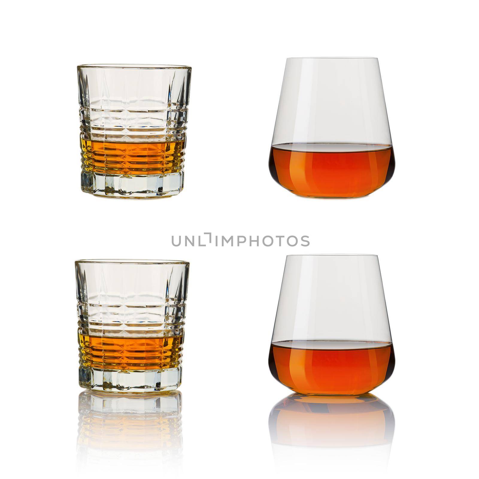 set of whiskey glasses. Collage glasses of whiskey on white background. by PhotoTime