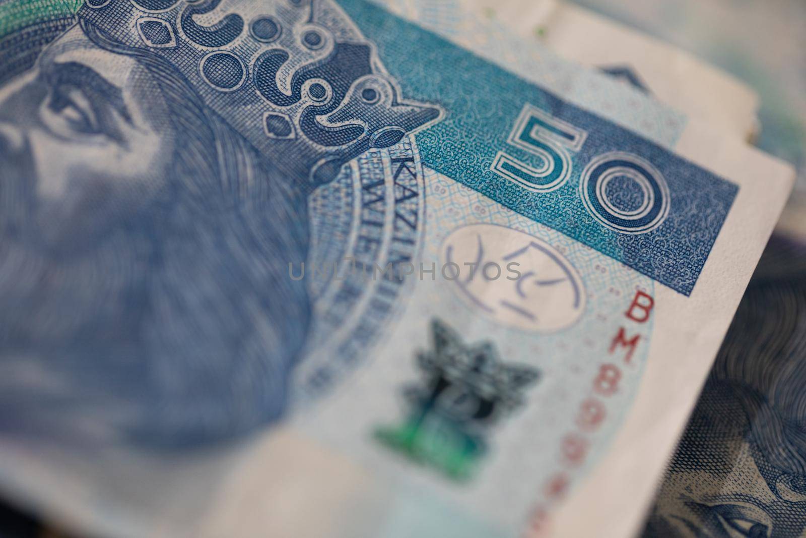 A thick bundle of paper money compressed with a red rubber band. Polish national paper cash.