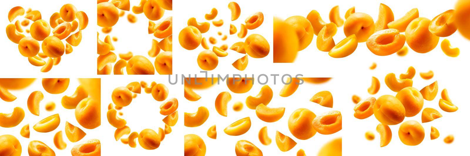 A set of photos. Apricots levitate on a white background. Ripe fruit in flight.